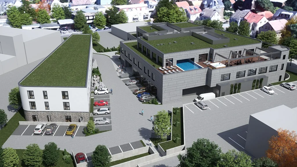 Visualisierung eines Geschäftshauses mit Gründächern und Dachterrasse auf einer gemeinsamen Tiefgarage in Frankfurt am Main