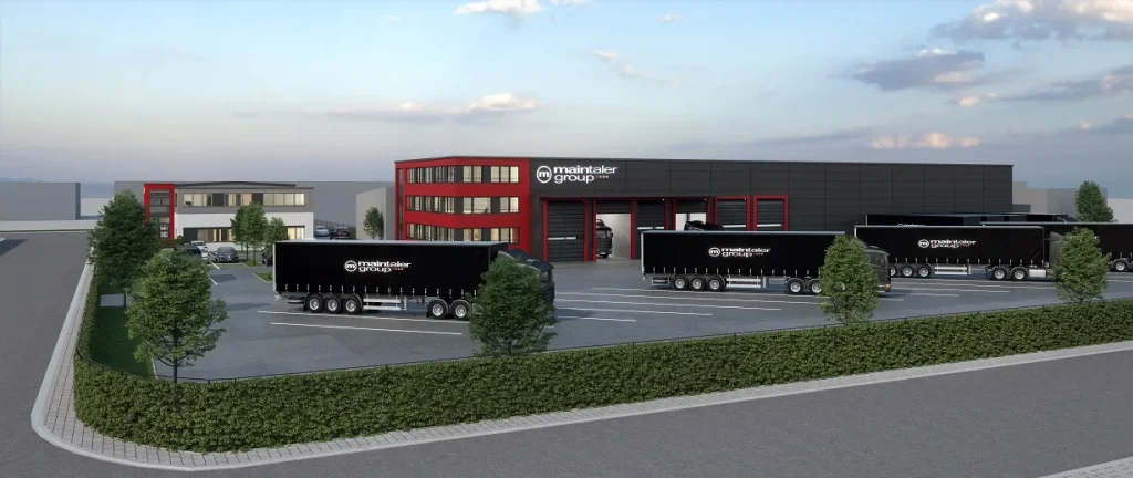 Visualisierung des Logistikzentrums in Bruchköbel mit Betriebsgebäude, Halle und Lkw-Stellflächen